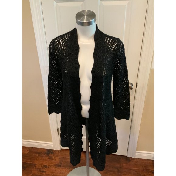 Diane Von Furstenberg Shimmering Black Wool Open Front Cardigan Sweater, Size S - Picture 1 of 7